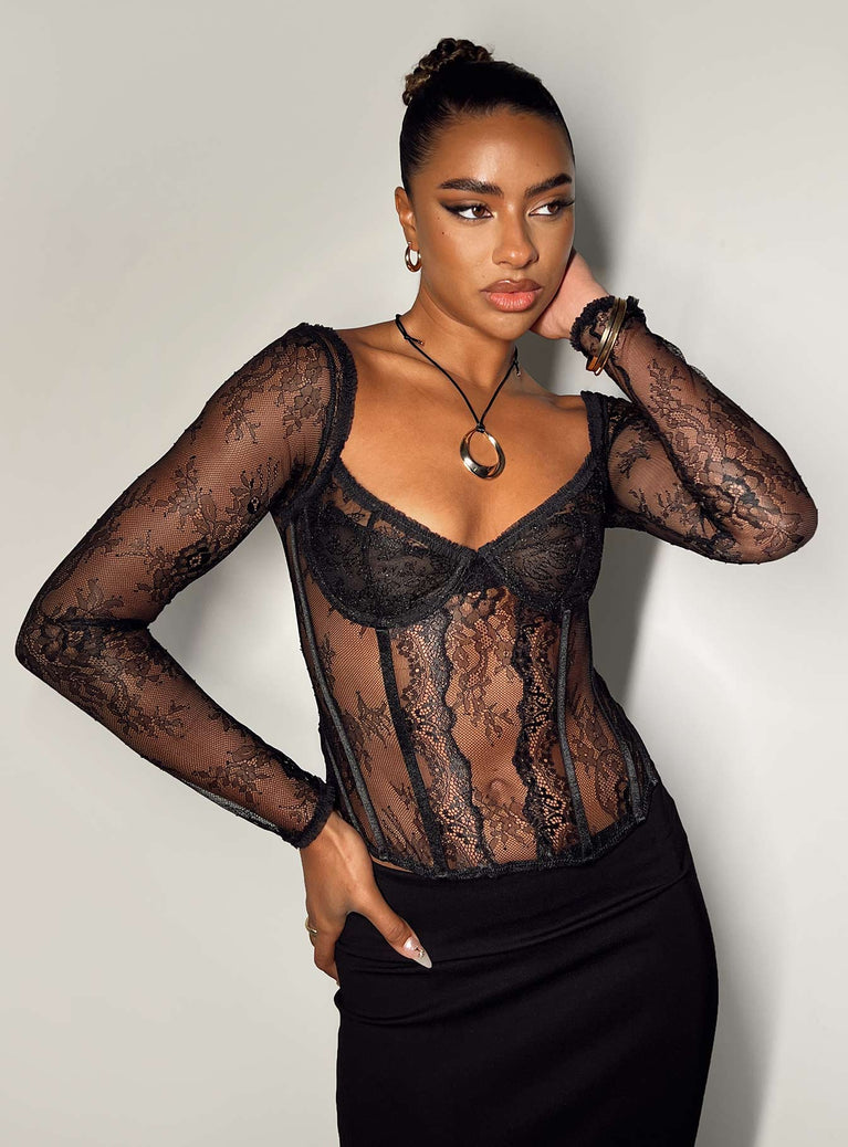 Long-sleeved lace corset top in Black for