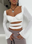 White long sleeve top Square neckline Wired cups Elasticated bust Flared sleeves Cut out at front Zip fastening at back
