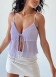 Purple top Sheer textured material  Adjustable shoulder straps  Tie fastening at front Frill detail at bust & back  Lined bust 