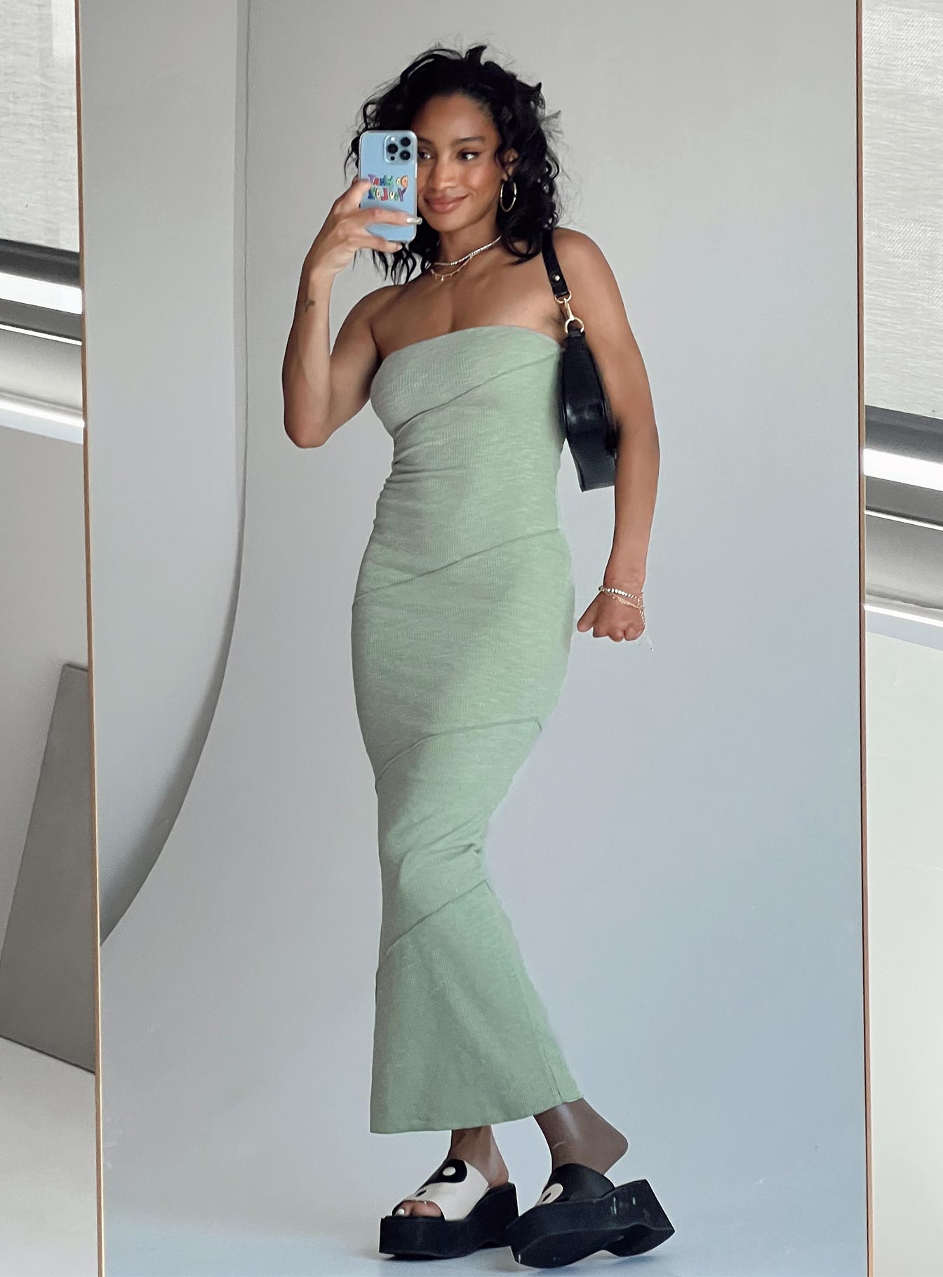 Front view of model wearing  front Princess Polly High Neck  Oscar Midi Dress Sage Green