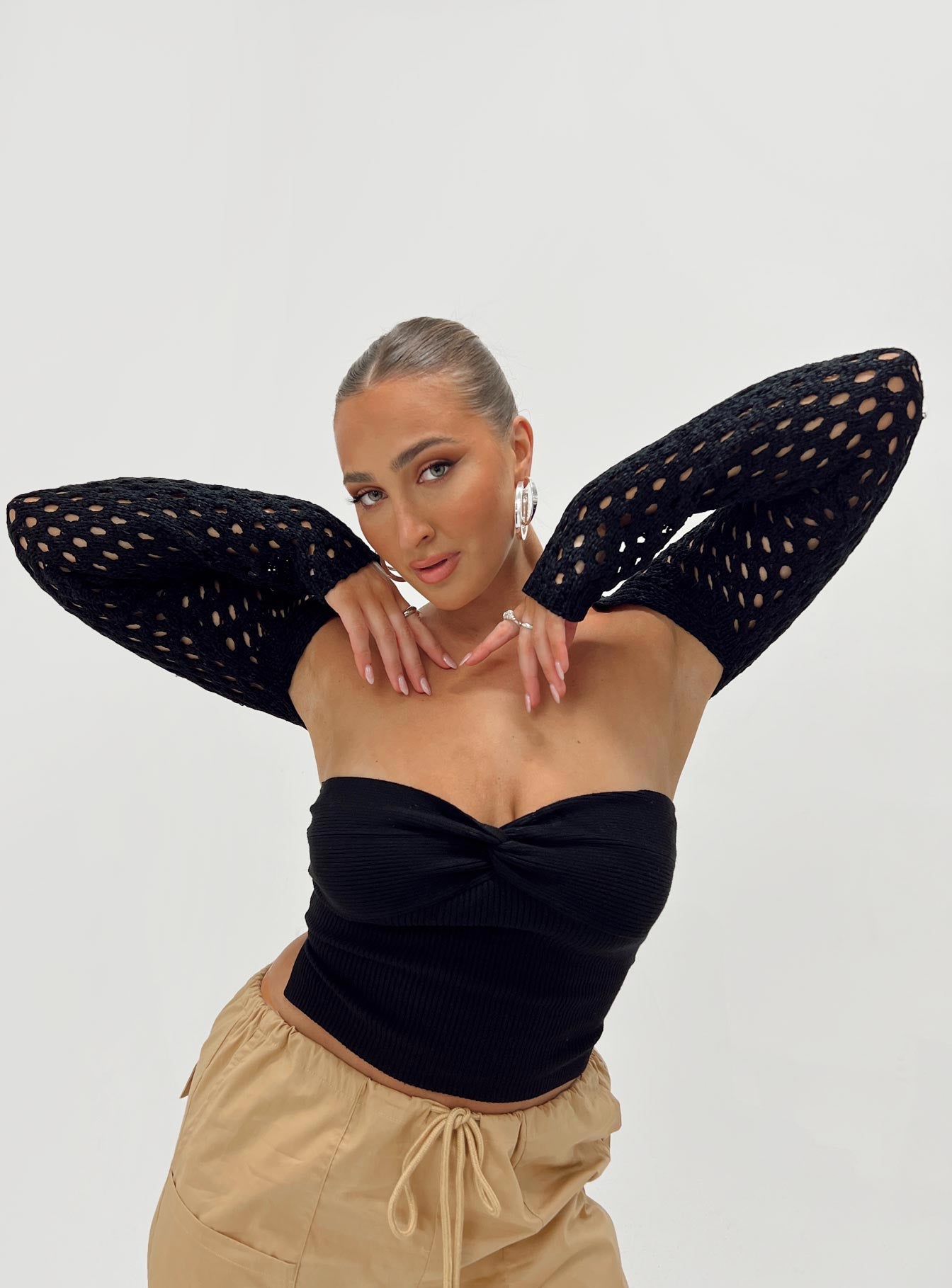 front view of model wearing Princess Polly Lotani Bolero Black Cropped 