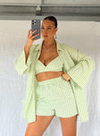 Three piece matching set Check print Long sleeve shirt Classic collar Button fastening at front Crop top Adjustable shoulder straps V-neckline Elasticated band at bust Shorts Elasticated waistband  Twin hip pockets