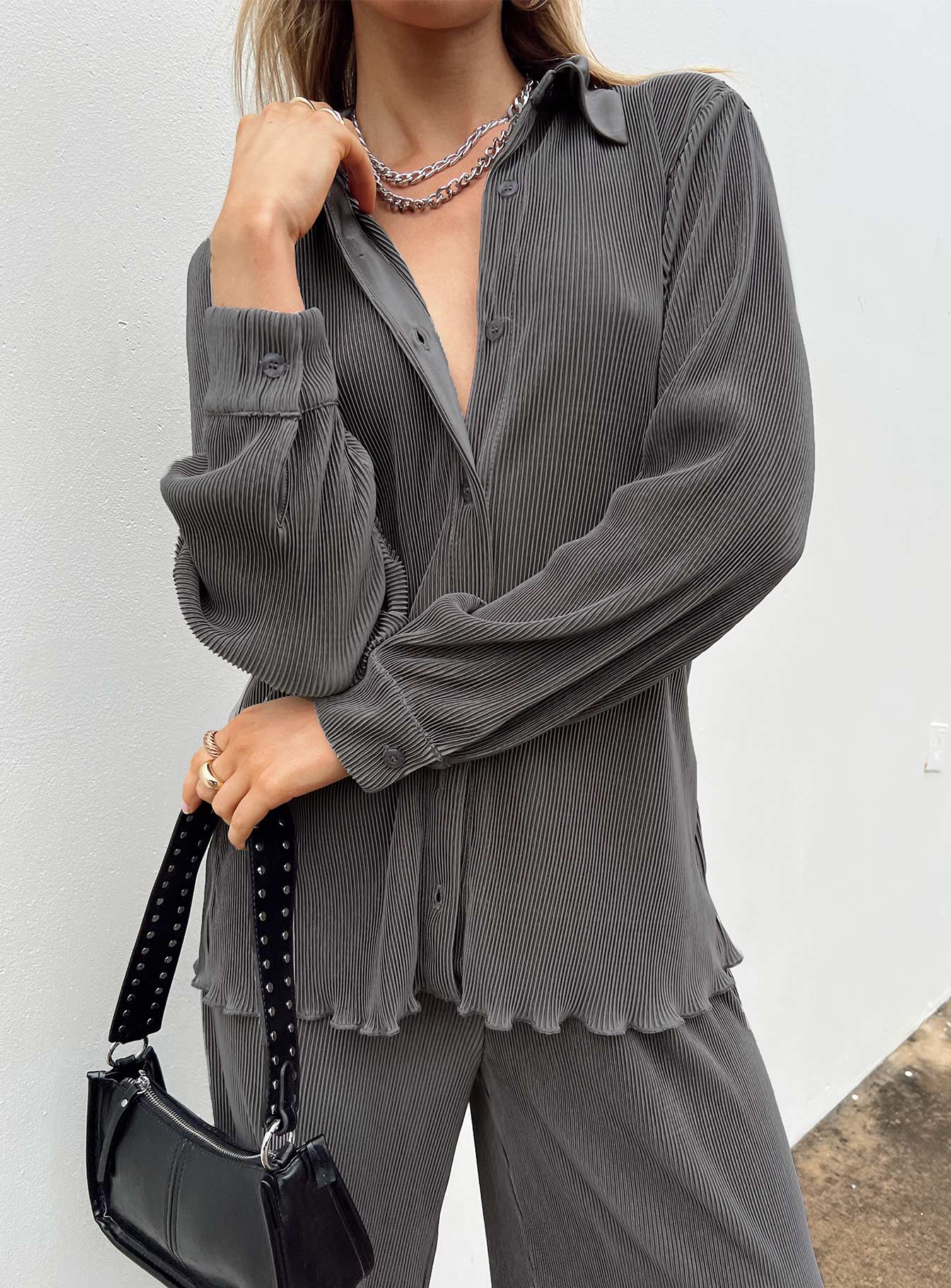 product Princess Polly Full Sleeves High Neck  Cartmore Plisse Top Charcoal