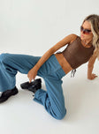 side view of model wearing Princess Polly Motel Sedna Trouser Denim Stone Wash Blue 