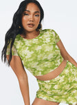 Green top Mesh material Floral print Sheer sleeves