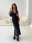 Black maxi dress Linen material V neckline Gathered detail at bust Invisible zip fastening at side Tie fastening at back