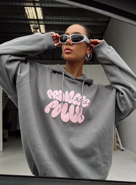 Princess Polly Hooded Sweatshirt Bubble Text Charcoal / Light Pink