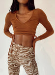 back view of model wearing Princess Polly Christy Long Sleeve Top Brown 