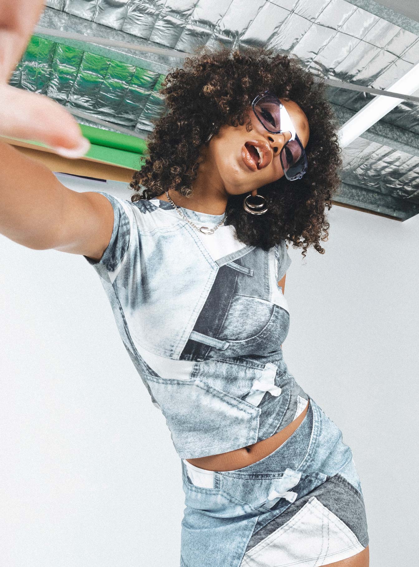 front view of model wearing Princess Polly Motel Tiona Top Denim Pocket Blue Short Sleeves High Neck 