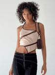 Crop top, beige and brown, Ribbed material Halter neck tie fastening Diagonal cut outs Pointed hem