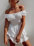 White romper Soft textured material Can be worn on or off the shoulder Shirred waistband Ruffle detailing Elasticated neck and sleeves Good stretch   Fully lined