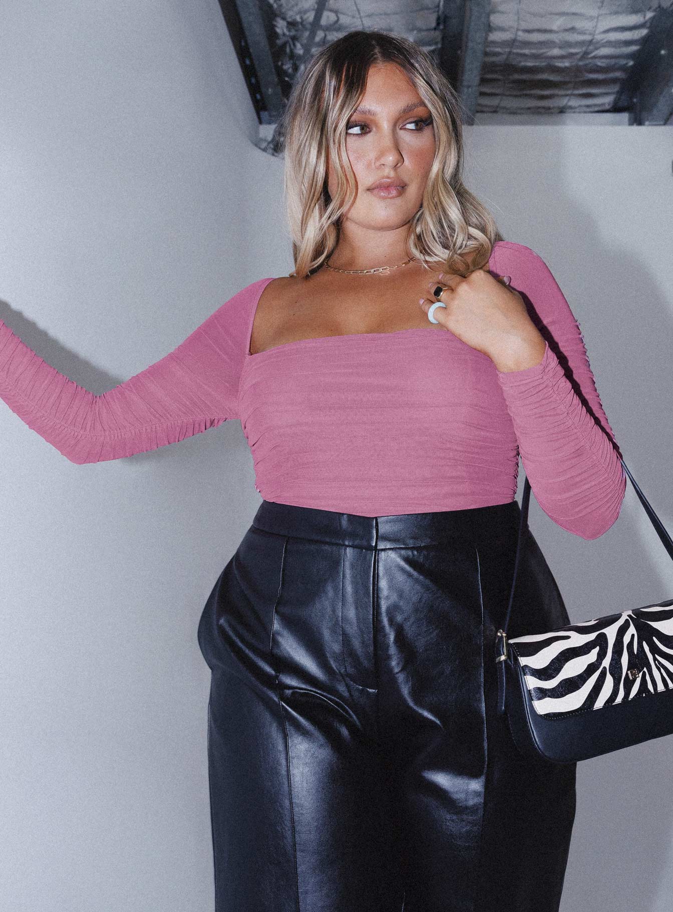 front view of model wearing Princess Polly Delany Bodysuit Pink Full Sleeves Square Neck 