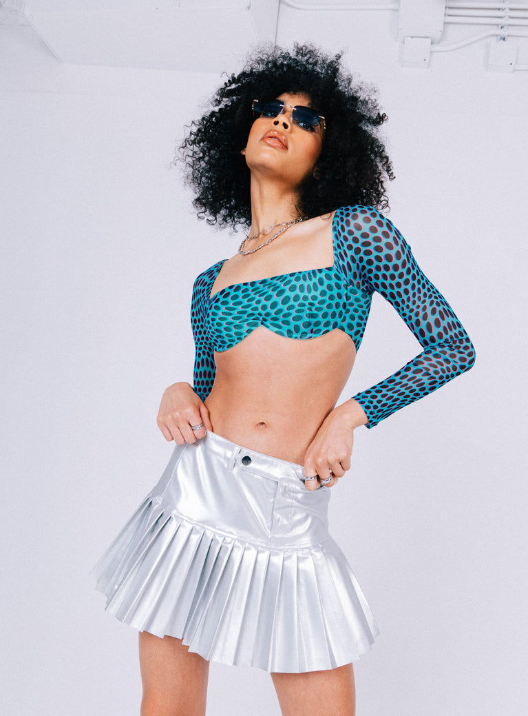 Long sleeve crop top  Slim fitting  Princess Polly Exclusive 95% polyester 5% elastane  Mesh material  Printed design  Elasticised shoulder  Wired underbust  Sheer sleeves  Good stretch  Lined bust 