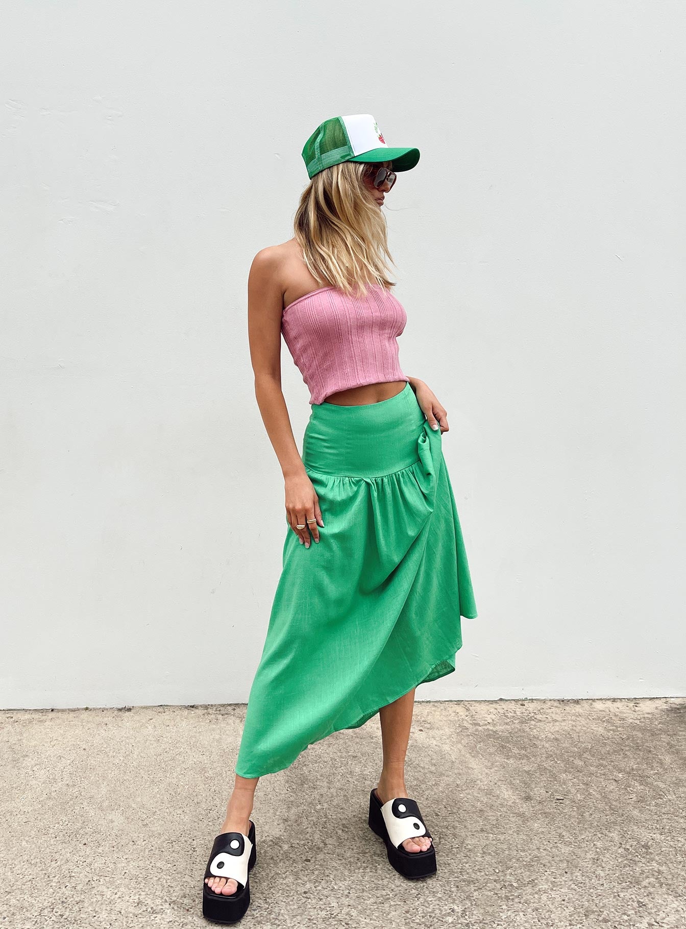 back view of model wearing Princess Polly Carol Maxi Skirt Green 