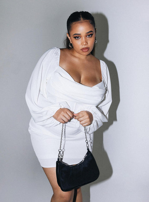 back view of model wearing Princess Polly Lillie Long Sleeve Mini Dress White Curve 