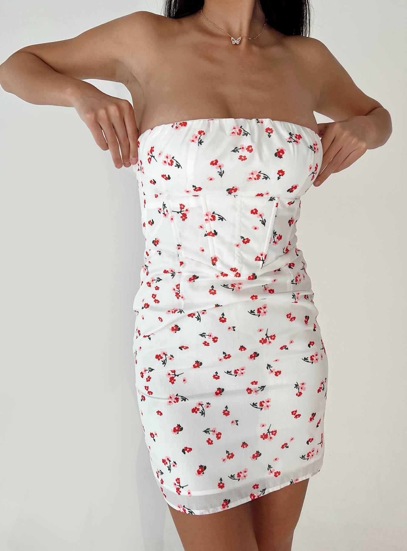 front view of model wearing Princess Polly Ivy Corset Mini Dress White Floral 
