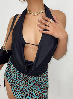 back view of model wearing Princess Polly Kayley Bodysuit Black Sleeveless Cowl 