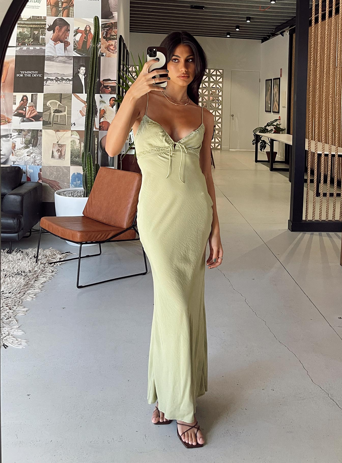 Front view of model wearing  front Princess Polly Square Neck  Emily Maxi Dress Green
