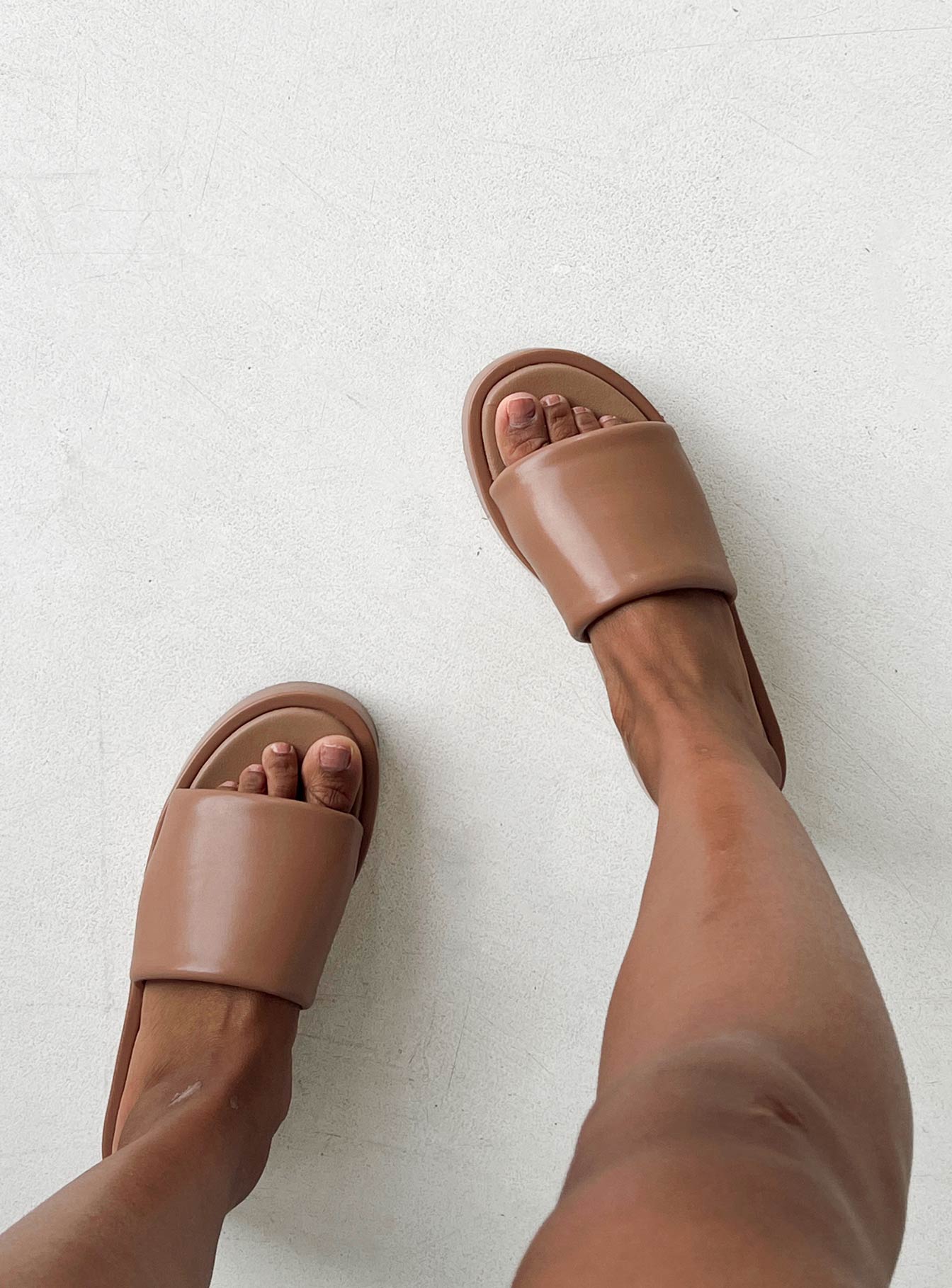 Sandal Single upper Faux leather Padded footbed Rounded toe Slip on style