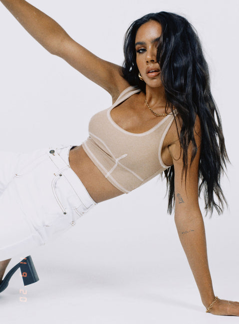 side view of model wearing Princess Polly Carl Top Beige 