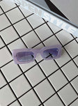 Purple sunglasses Rectangle shape  Moulded nose bridge  Purple tinted lenses 