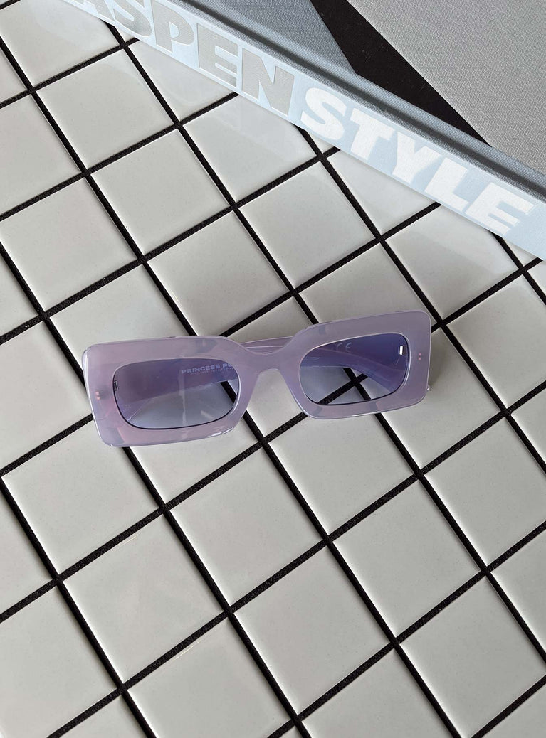 Purple sunglasses Rectangle shape  Moulded nose bridge  Purple tinted lenses 