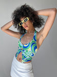 Crop top  Slim fitting  Princess Polly Exclusive 90% recycled polyester 10% elastane  Printed design  Fixed halter neck  Scooped neckline  Ring detail at bust  Split front hem  Good stretch  Fully lined 