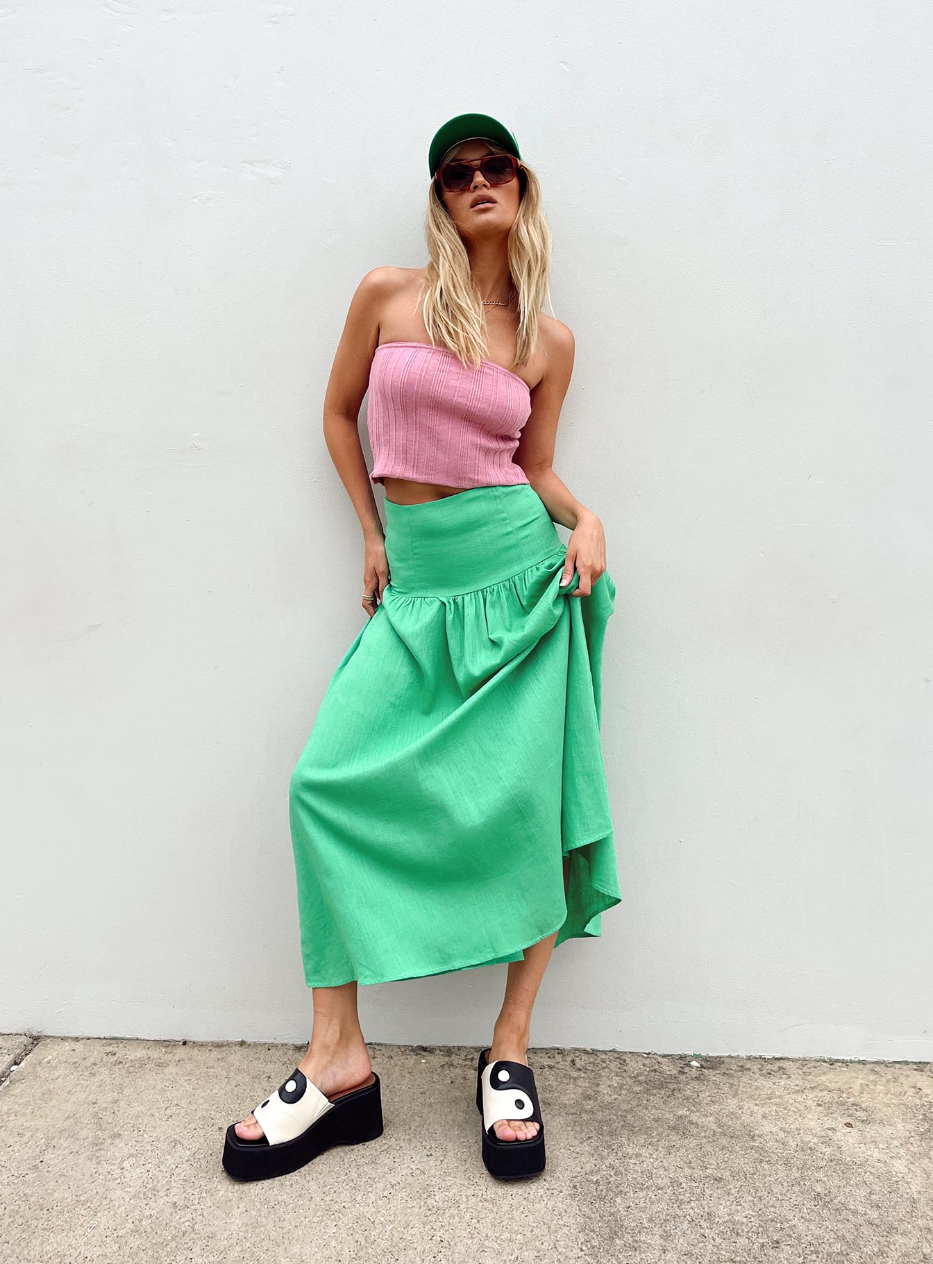   front view of model wearing Princess Polly Carol Maxi Skirt Green 