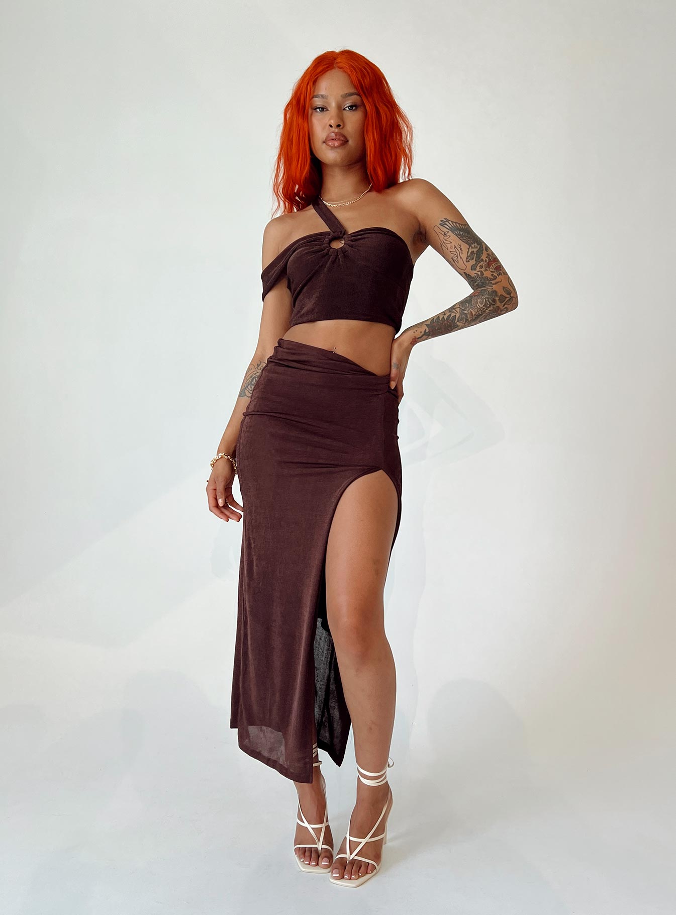 back view of model wearing Princess Polly Paisley Midi Skirt Brown Midi Skirts 