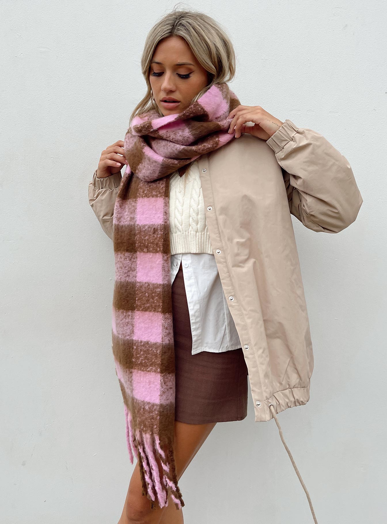 Piero Check Scarf Pink / Brown | Princess Polly