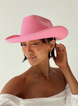 Pink cowboy hat Faux felt material Adjustable chin tie Wide stiff brim Creased crown 