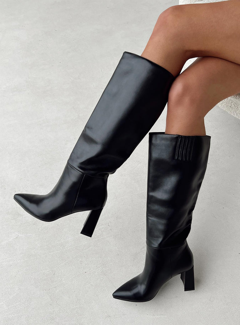 Women's Black Faux Leather Pointed High Heel Over The Knee Boots - Size 7