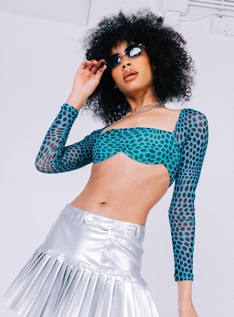 Long sleeve crop top  Slim fitting  Princess Polly Exclusive 95% polyester 5% elastane  Mesh material  Printed design  Elasticised shoulder  Wired underbust  Sheer sleeves  Good stretch  Lined bust 