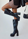 Boots Faux leather material Zip fastening at side Rounded toe Platform base Block heel