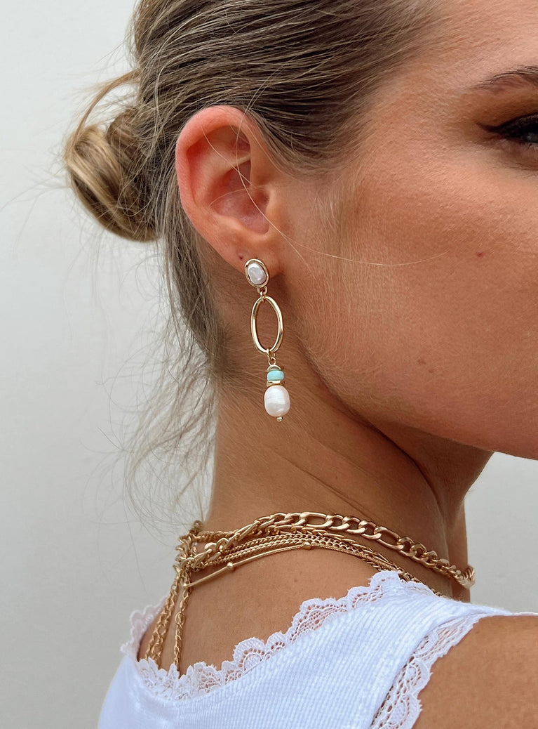 Earrings Drop down charm Gold-toned Stud fastening Pearl detail