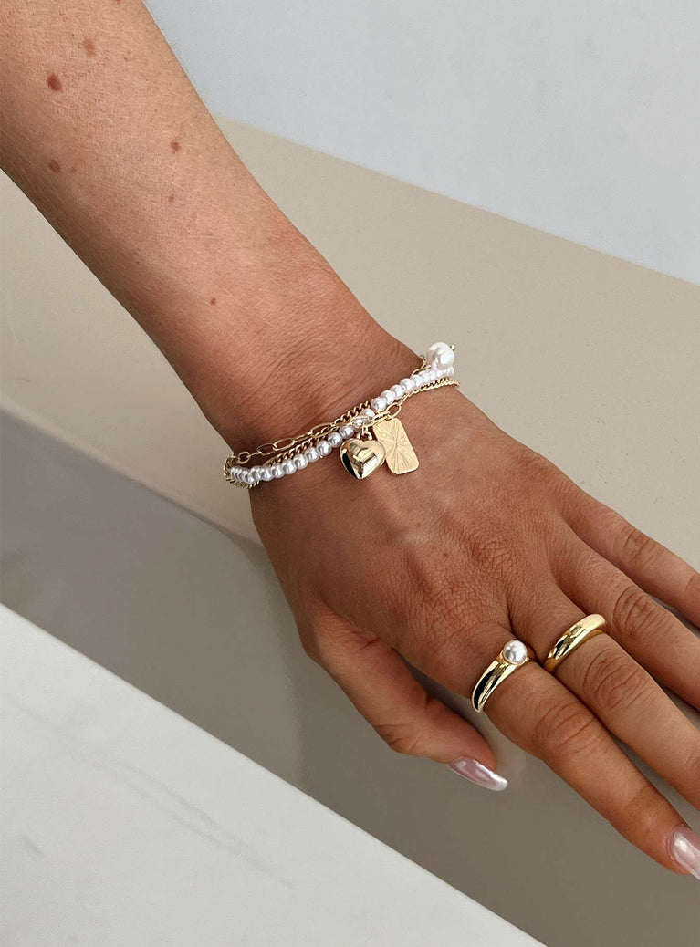 Bracelet set Gold-toned Pearl detail Drop charms