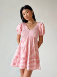 side view of model wearing Princess Polly Luna Love Mini Dress Pink Gingham 