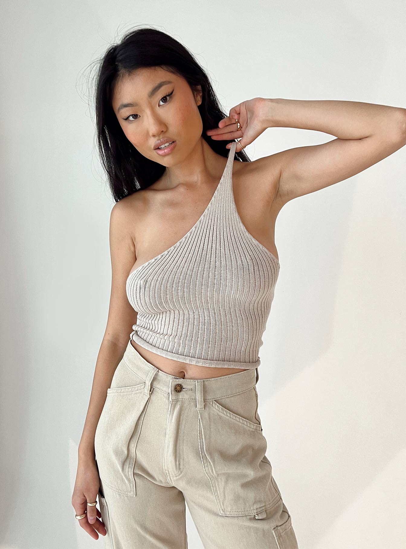 front view of model wearing Princess Polly Lavelle Top Beige 