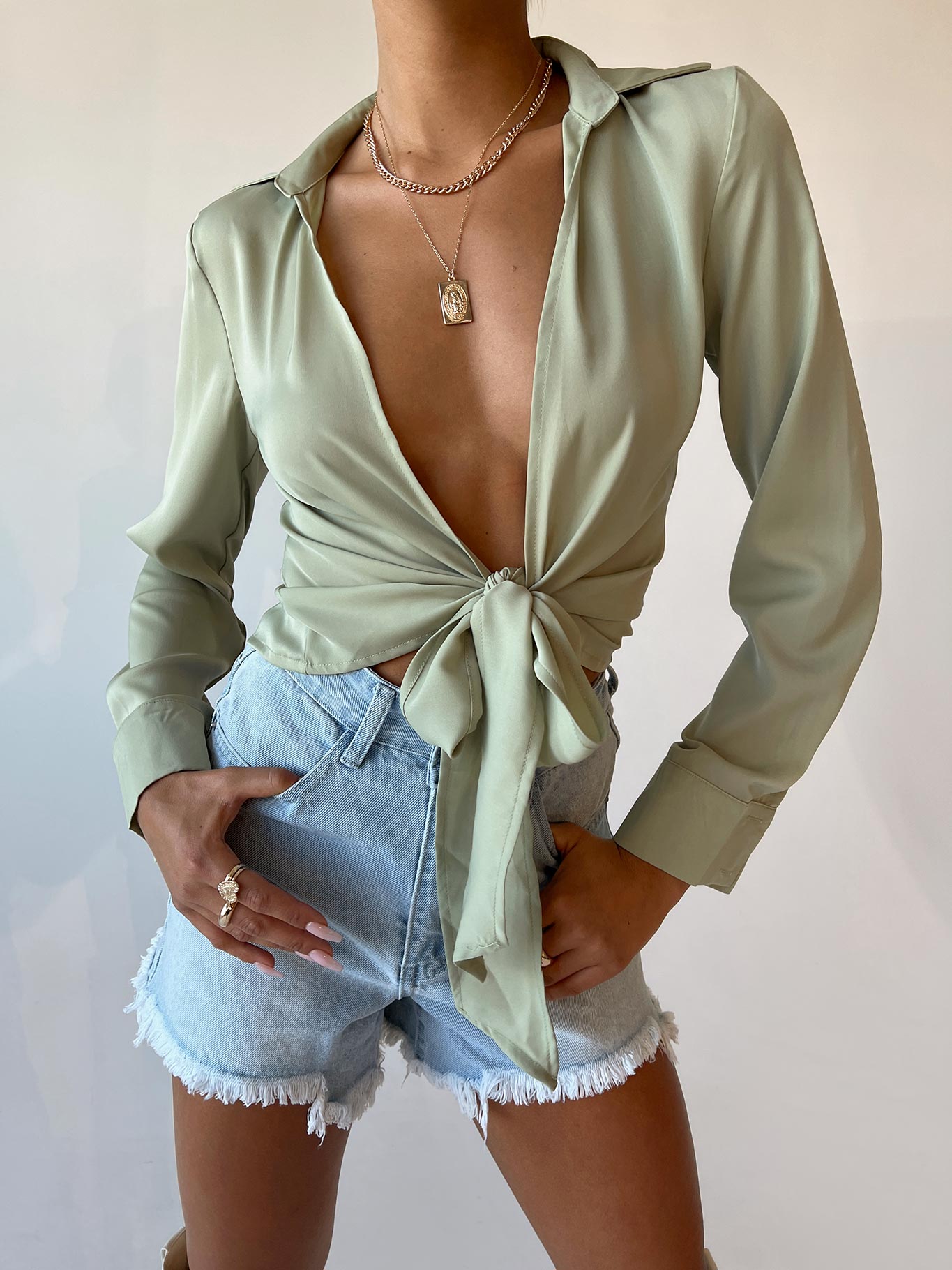 front view of model wearing Princess Polly Gonzalo Shirt Green 