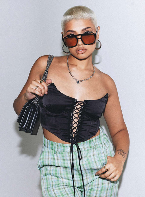 front view of model wearing Princess Polly Palma Corset Top Black 