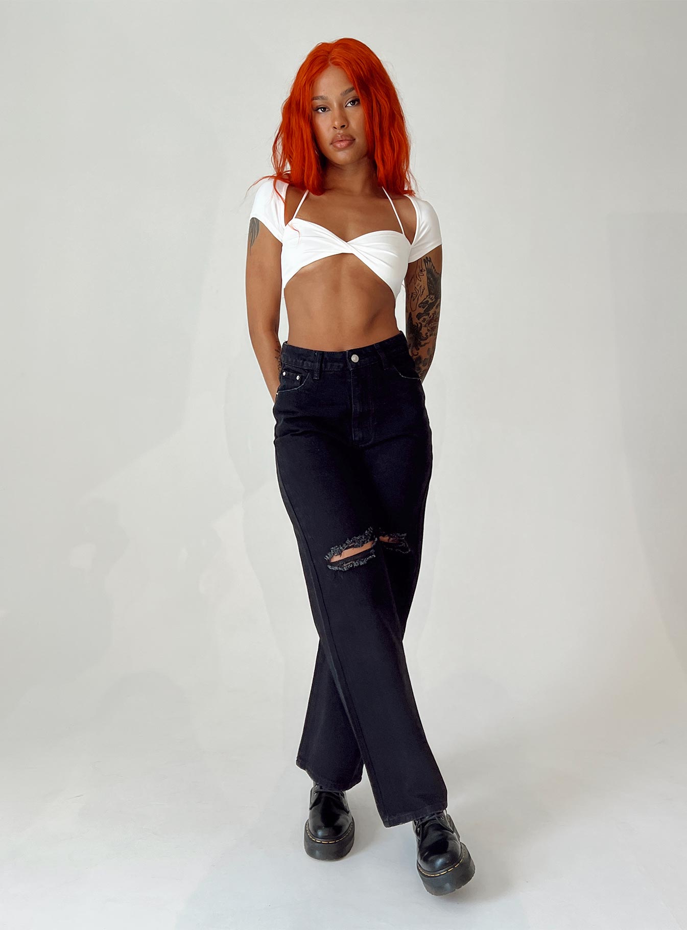 front view of model wearing Princess Polly Lugano Denim Jeans Black High Waisted 