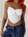 White crop top Halter neck tie fastening  Adjustable tie ruching at front  Pointed hem  Partially exposed back 