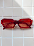 Sunglasses Oversized rectangular frame  Red tinted lenses  Moulded nose bridge  Lightweight