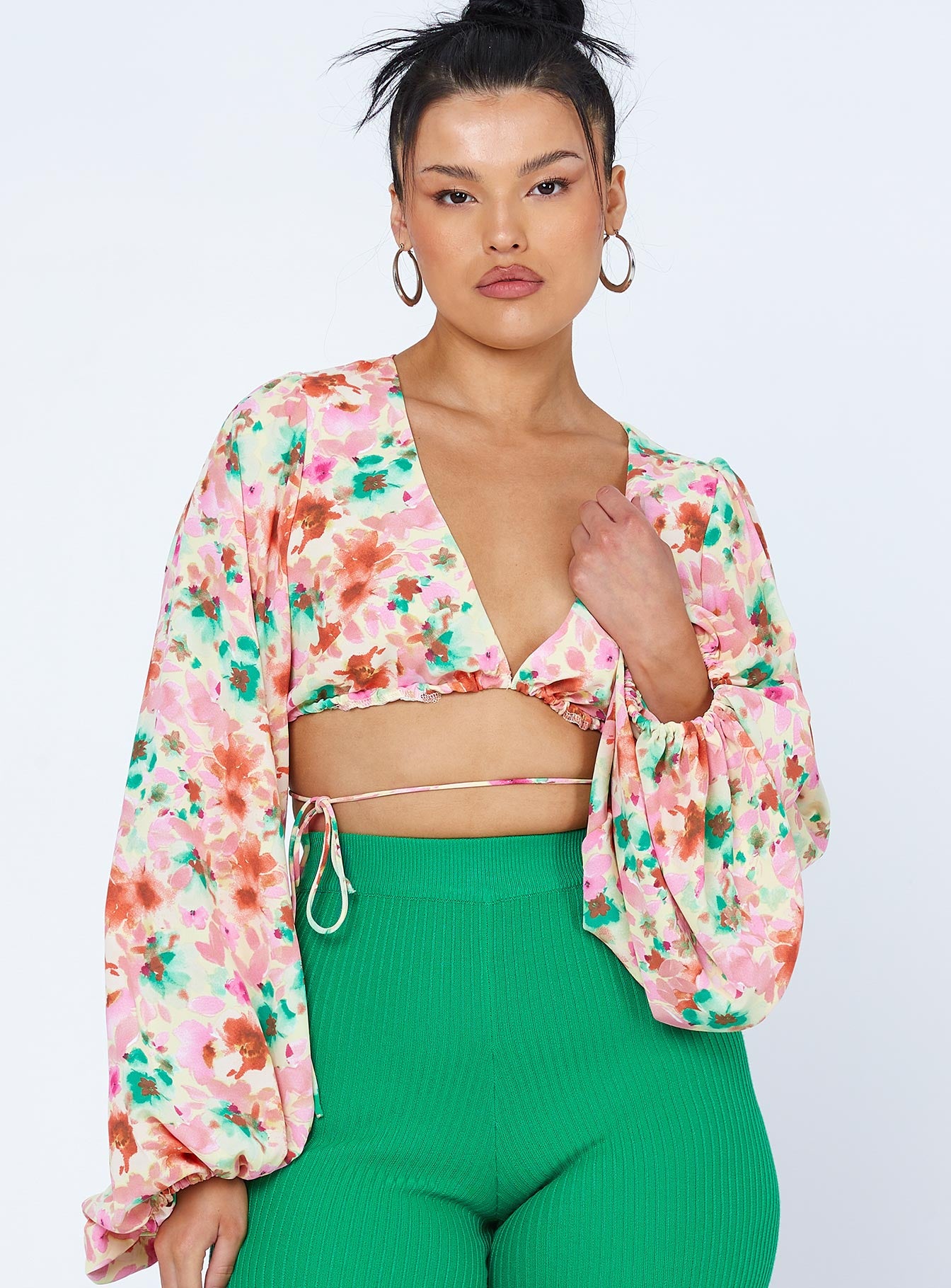 front view of model wearing Princess Polly Antonio Long Sleeve Top Pink Floral 