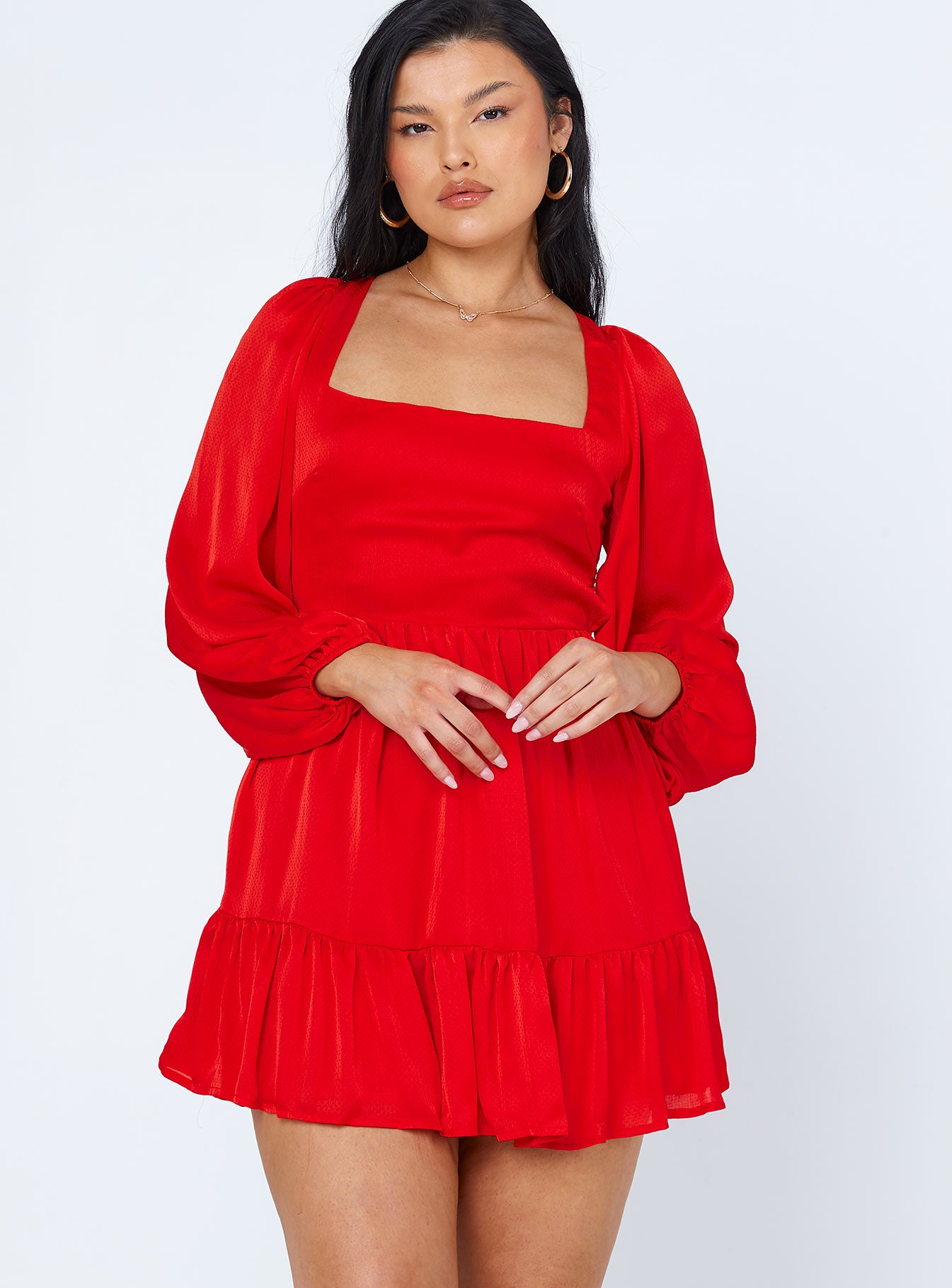 front view of model wearing Princess Polly Tropez Long Sleeve Mini Dress Red 