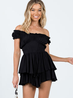 Romper Elasticated shoulders & neckline  Can be worn on or off the shoulder  Gathered bust  Boning through waist  Shirred back panel  Layered bottom 