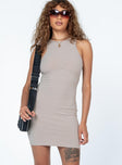 front view of model wearing Princess Polly Ellie Mini Dress Beige High Neck 