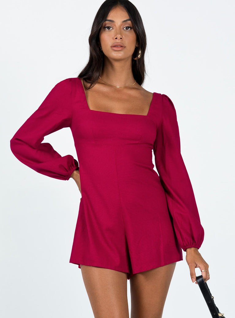 Long sleeve romper Square neckline  Inner silicone strip at bust & shoulder  Invisible zip fastening at back  Balloon style sleeves 
