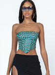 Strapless bustier top Princess Polly Exclusive 95% polyester 5% elastane  Spare button included  Mesh material  printed design  Inner silicone strip at bust  Boning through front Button fastening at back