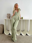 Two piece set Knit material Short sleeve top Front button fastening Classic collar Plunging neckline Wide leg pants Elasticated waistband